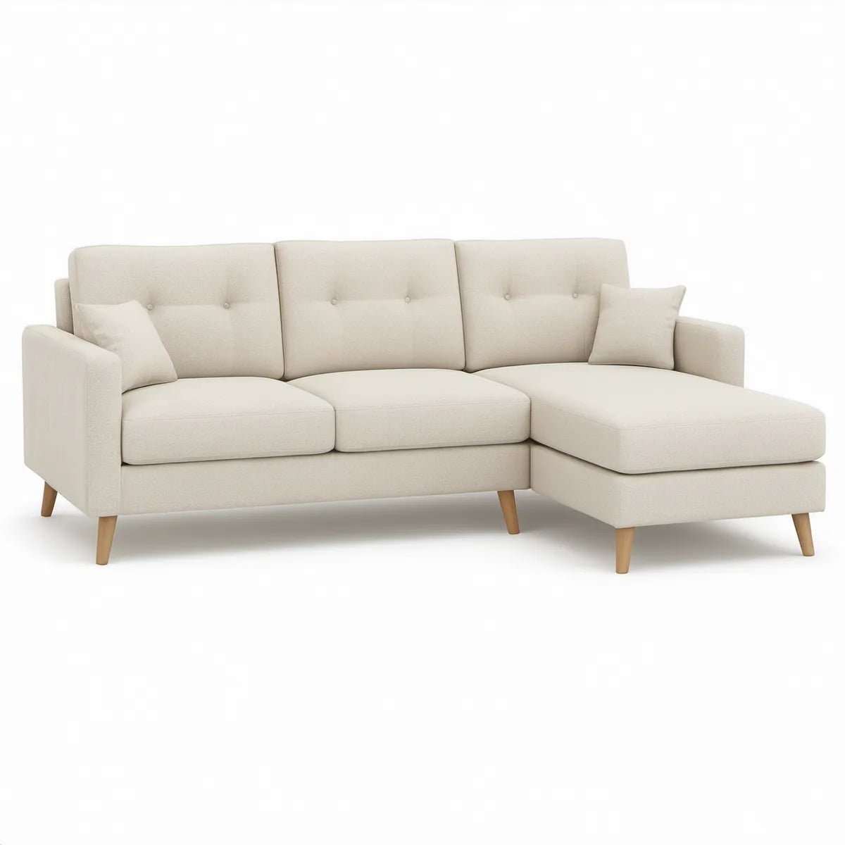 Højrevendt hjørnesofa med chaiselong, 230 x 150 cm, cremefarvet polyester og træben