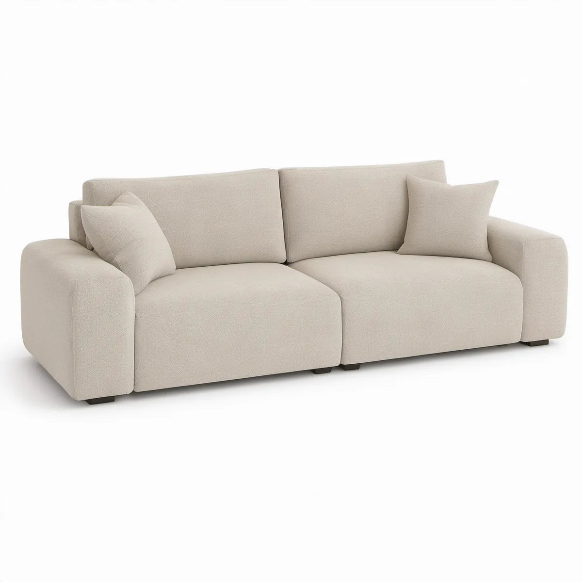 2-personers sofa i beige polyester med sorte fødder, 220 x 98 x 82 cm