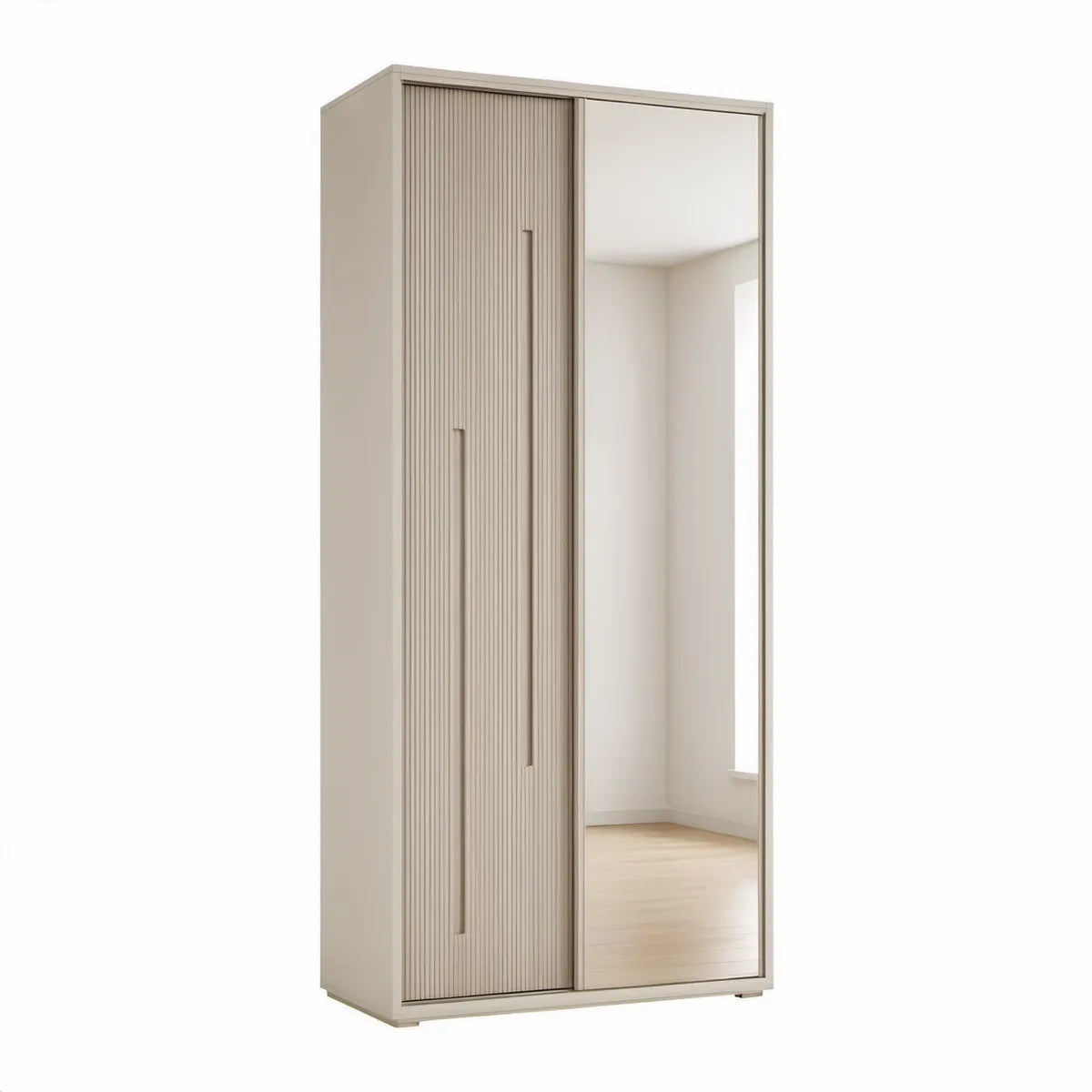 Beige garderobeskab med 2 skydedøre, spejl og rillet MDF-front, 100 x 52 x 200 cm