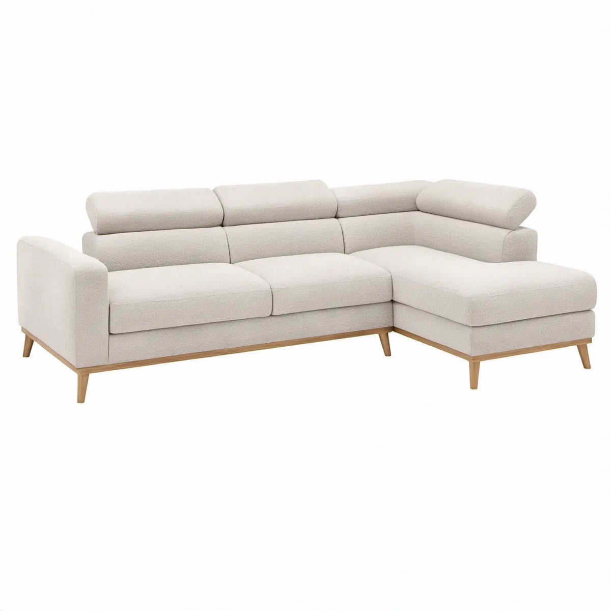 Højrevendt hjørnesofa med chaiselong, bouclé polyester, creme/natur, 260 x 165 x 86 cm