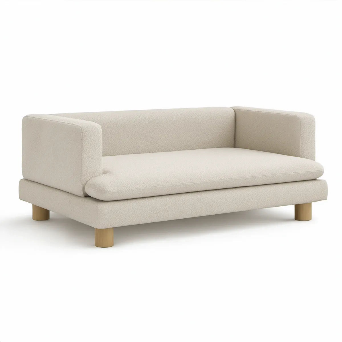 2-personers sofa i creme bouclé med naturfarvede træben, 160 x 85 x 75 cm