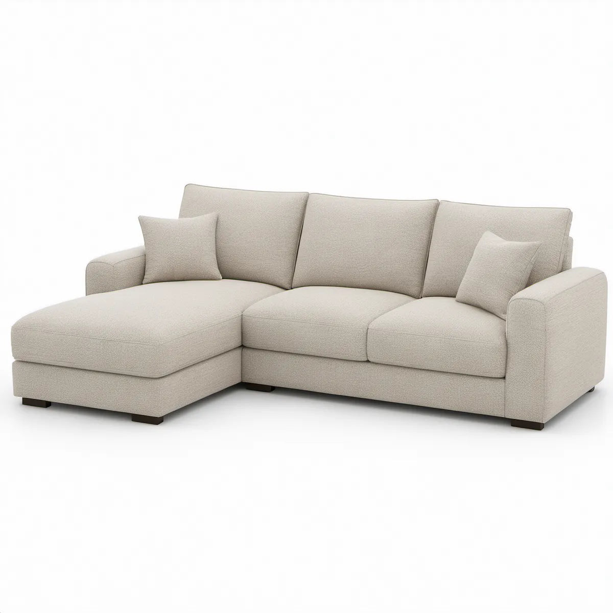 Beige hjørnesofa med venstrevendt chaiselong, 250 x 160 x 85 cm