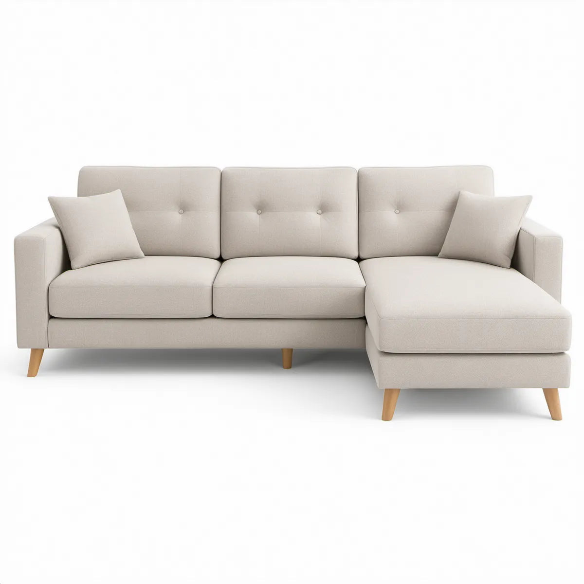 Højrevendt chaiselong i creme med naturfarvede ben, 238 x 150 x 84 cm