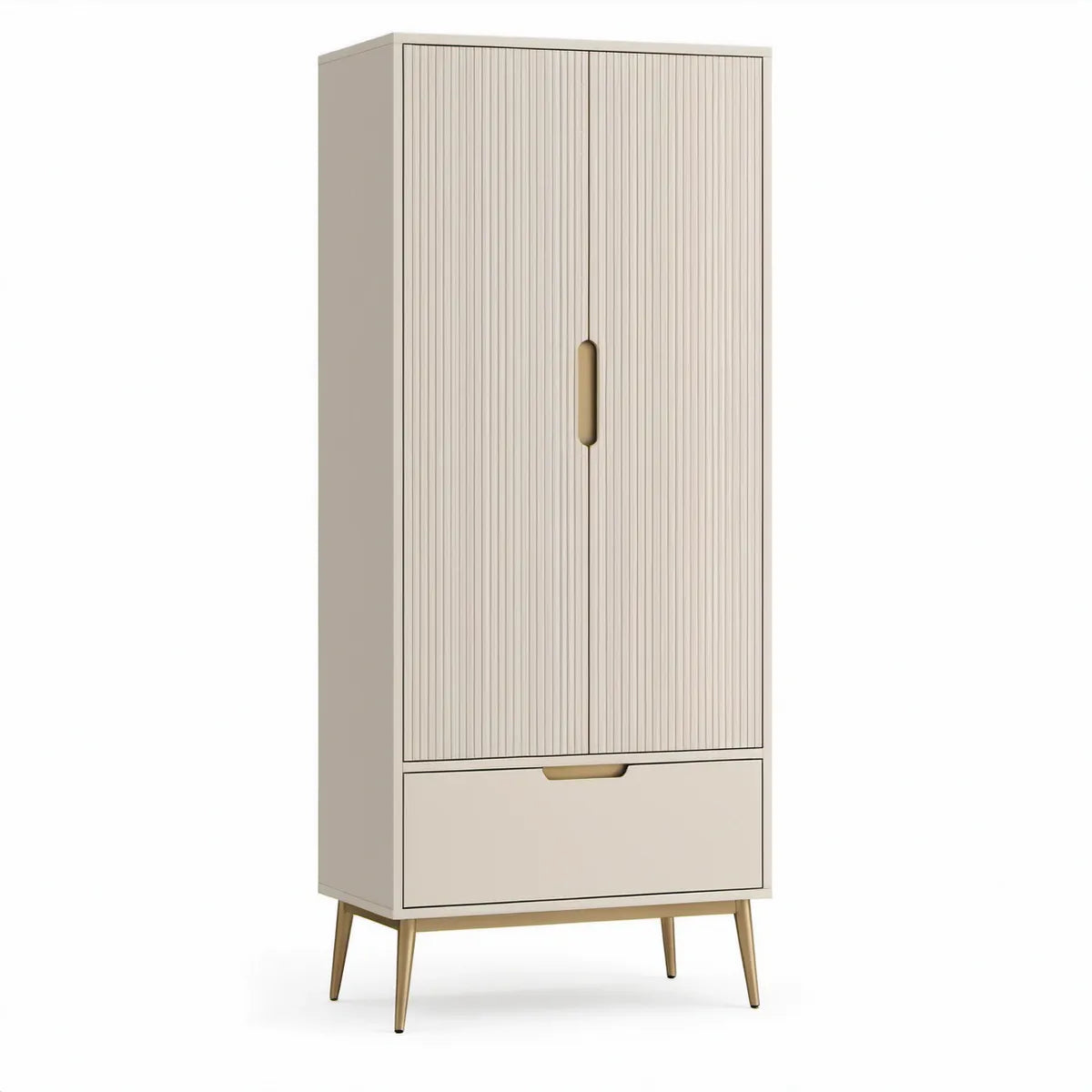 Beige garderobeskab med 2 rillede låger og skuffe, 80 x 45 x 190 cm