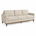 3-personers sofa i beige polyester med brun gummitræsramme, 220 x 90 x 85 cm