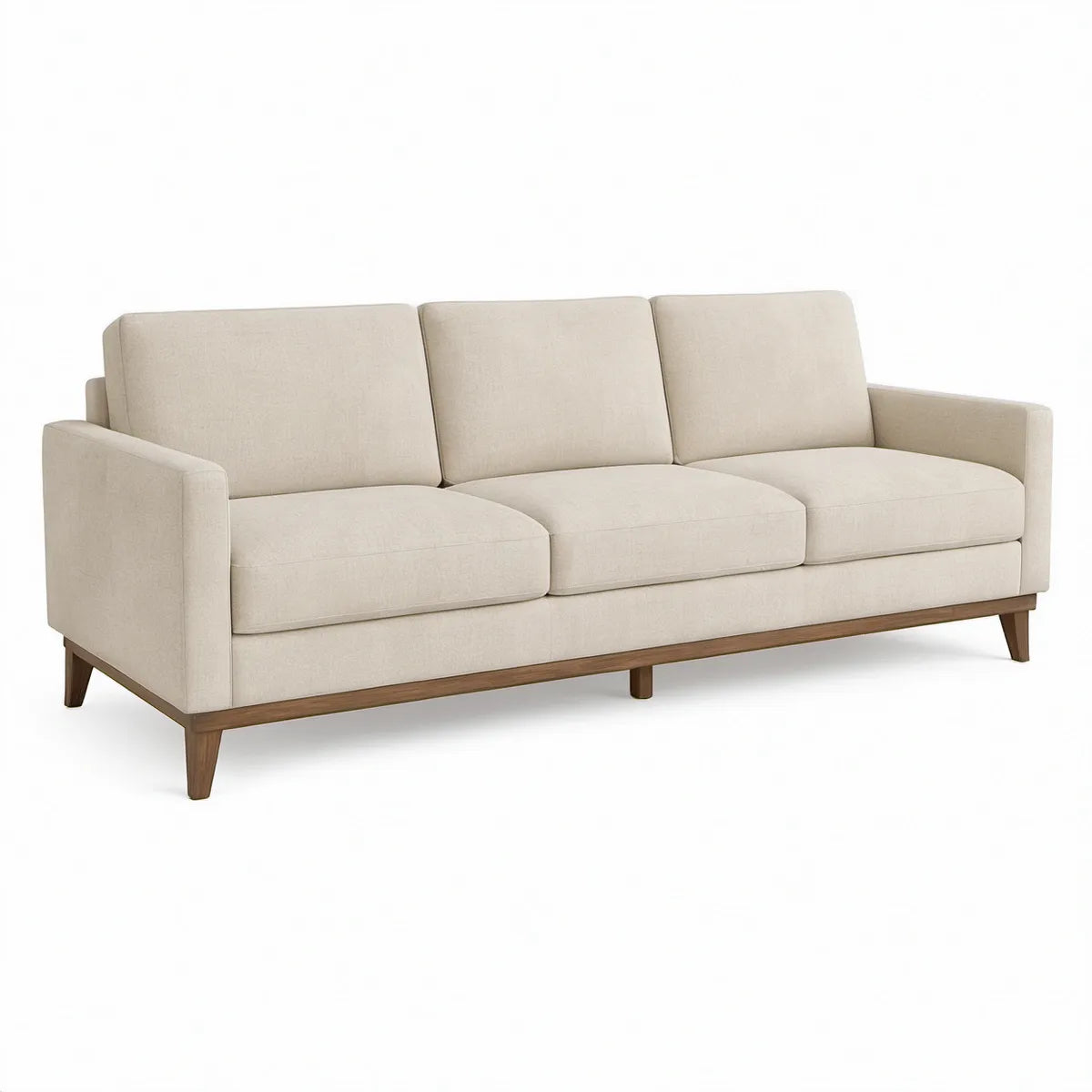 3-personers sofa i beige polyester med brun gummitræsramme, 220 x 90 x 85 cm