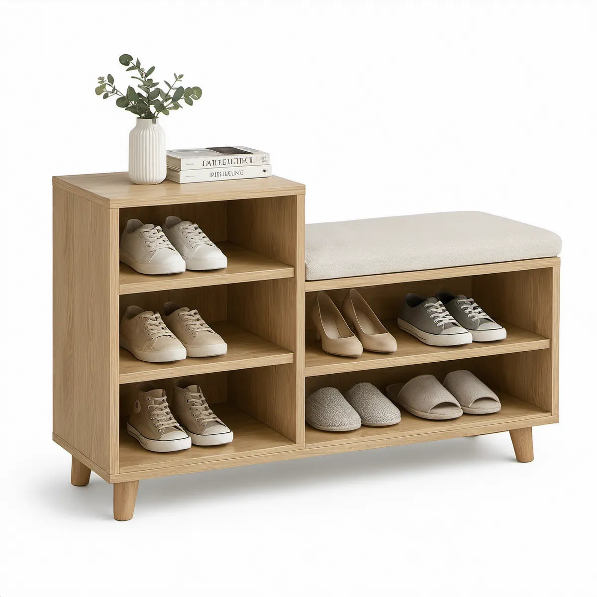 Skoskab med integreret siddebænk i naturfarvet egetræsfinish og beige hynde, 120 x 35 x 90 cm