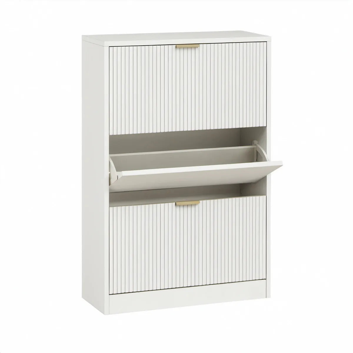 Hvid skoopbevaring med 2 vippefronter og guldfarvede greb, 60 x 24 x 80 cm