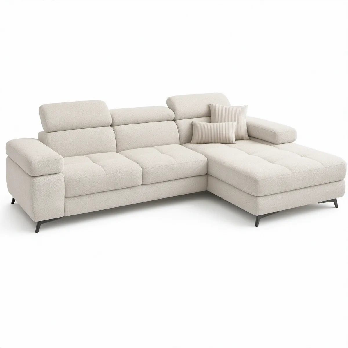Cremefarvet hjørnesofa med højrevendt chaiselong, nakkestøtter og sorte ben, 280 x 165 x 98 cm